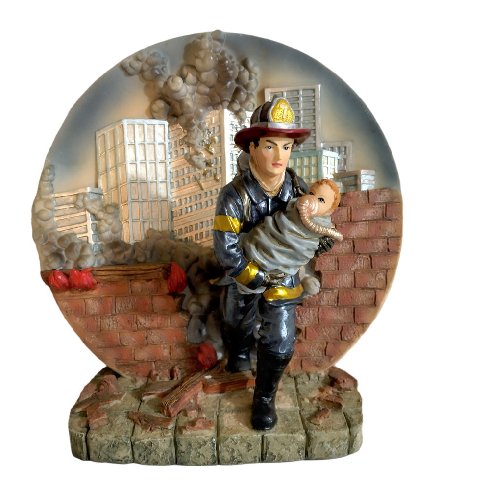 Vtg Fire Fighter Saving a Child Statue Figurine 3D Resin Decorative Plaque 8"